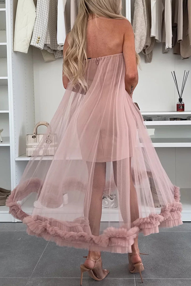 Casual Solid Color Without Belt Mesh Strapless Mesh Dresses(No belt)