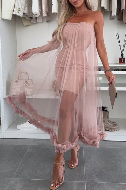 Casual Solid Color Without Belt Mesh Strapless Mesh Dresses(No belt)