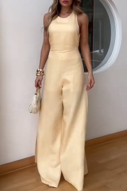 Lässiger, einfarbiger Patchwork-Overall mit Schlitz und O-Ausschnitt