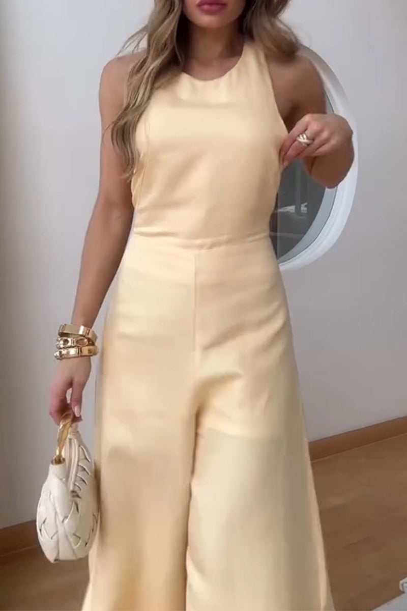 Lässiger, einfarbiger Patchwork-Overall mit Schlitz und O-Ausschnitt