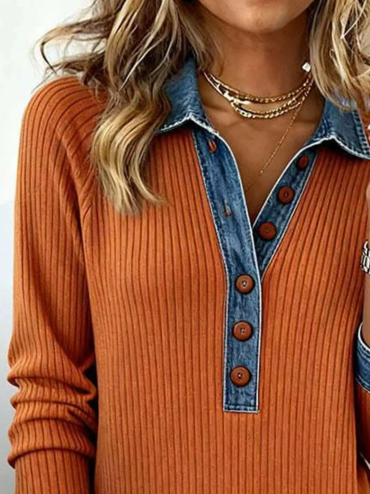 Denim Trim Ribbed Knit Top | Plus Size