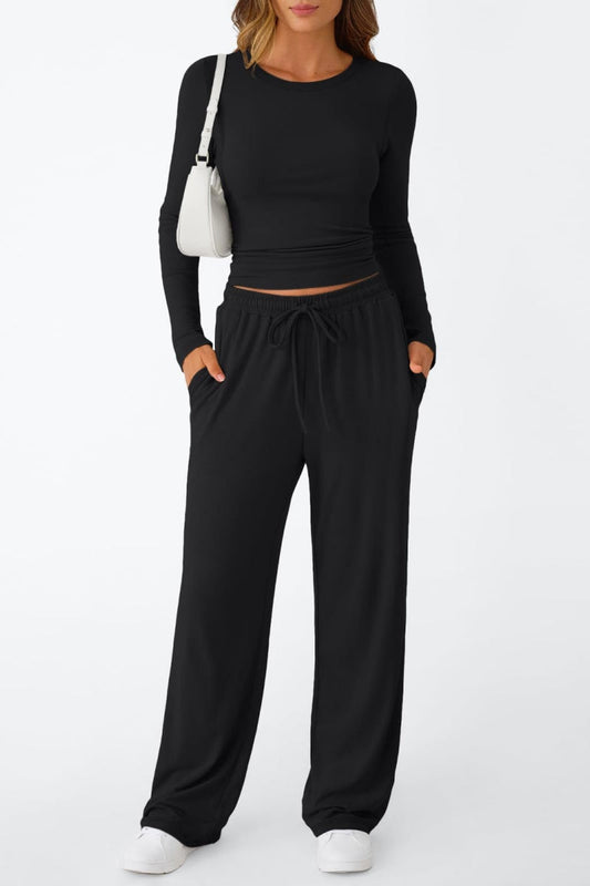 Casual Daily Solid Color Basic O Neck Long Sleeve Two Pieces