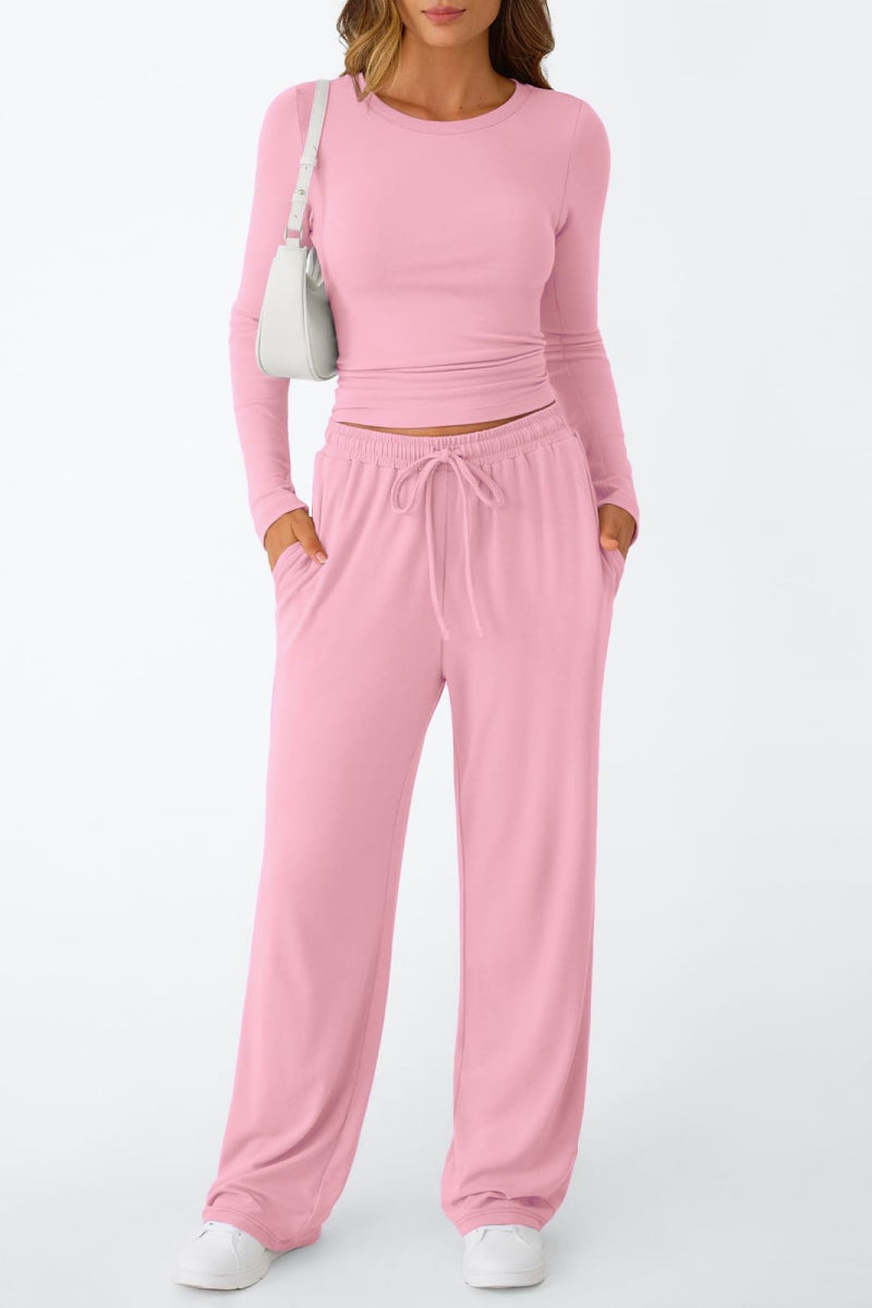 Lässig Täglich Einfarbig Basic O-Ausschnitt Langarm Zweiteiler