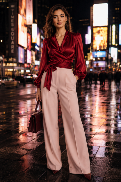 Women's Satin Tie Waist Wrap Blouse