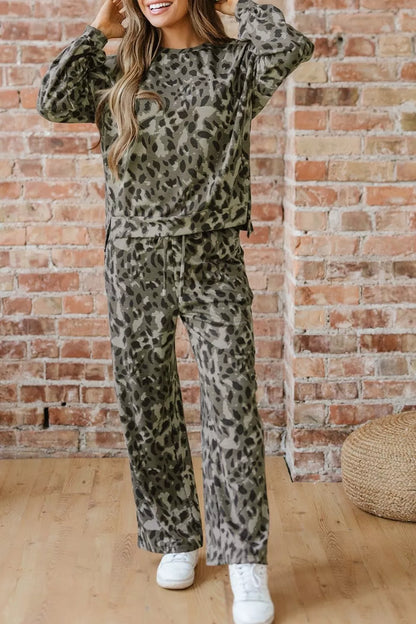 Leopard Print Long Sleeve Top and Pants Set