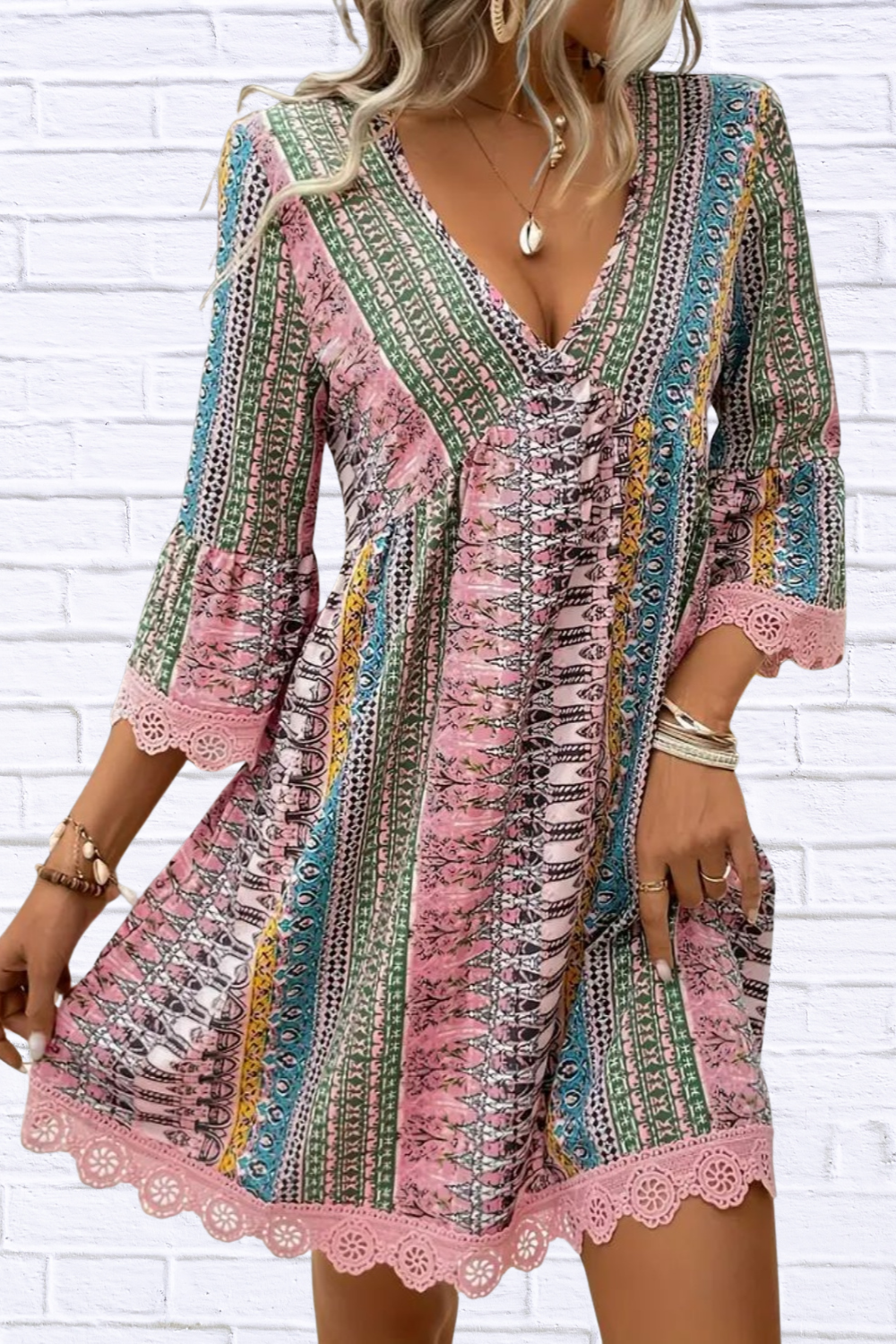 Lace Trim Printed V-Neck 3/4 Sleeve Dress