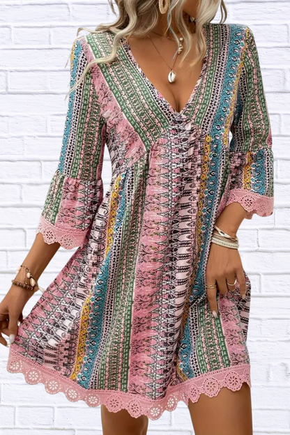Lace Trim Printed V-Neck 3/4 Sleeve Dress