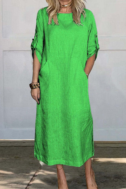 Rolled Up Sleeves Pocketed Cotton Linen Maxi Shift Dress Green