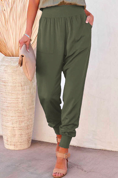 Rosiedress Solid Side Split Pockets Jogger Pants Green