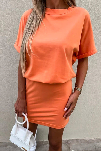 Crewneck Short Sleeve Waisted Solid Mini Dress Orange