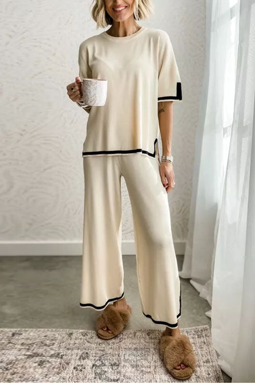 Rosiedress Color Block Short Sleeves Side Split Pullover Wide Leg Pants Knitting Loungewear Set