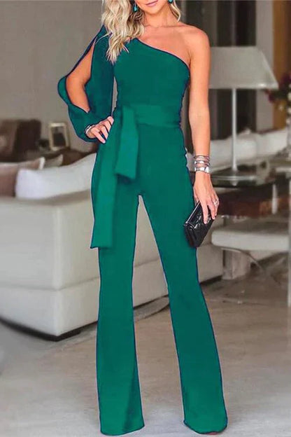 One Shoulder Slit Sleeve Tie Knot Jumpsuit Green