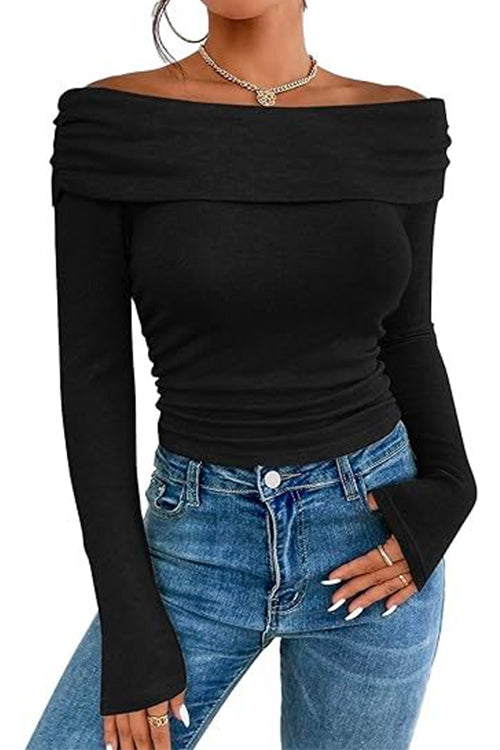 Off Shoulder Long Sleeves Bottoming Shirt Black