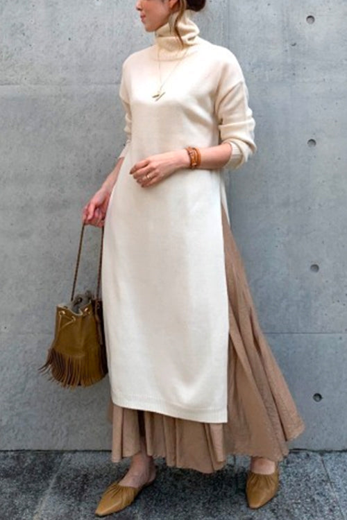 Turtleneck Drop Shoulder Side Slit Loose Sweater Dress