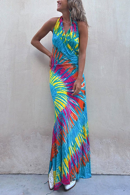 Rosiedress Sleeveless Halter Backless Maxi Tie Dye Dress