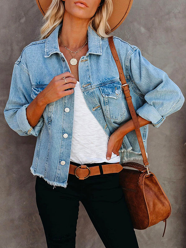 Rosiedress Raw Hem Button Down Short Denim Jacket LightBlue