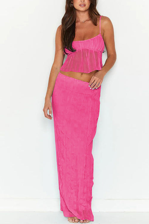 Rosiedress Ruffle Crop Cami Top Elastic Waist Maxi Skirt Set HotPink