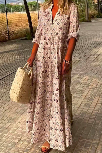 V Neck Long Sleeves Tiered Printed Maxi Dress Pink