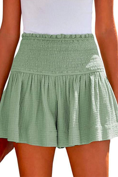 Elastic Smocked Waist Wide Leg Solid Shorts Green