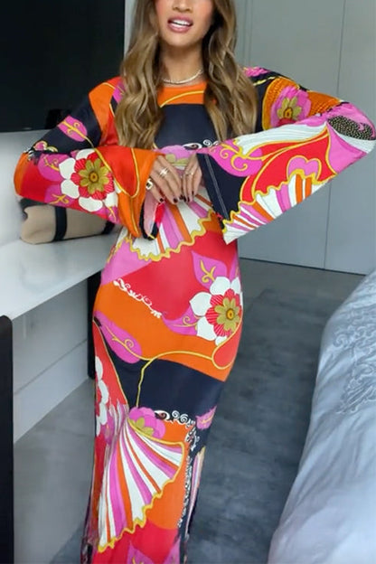 Bell Sleeves Backless Criss Cross Printed Maxi Dress