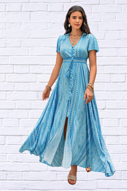 Sky Blue Printed Button Down Short Sleeve Maxi Dress