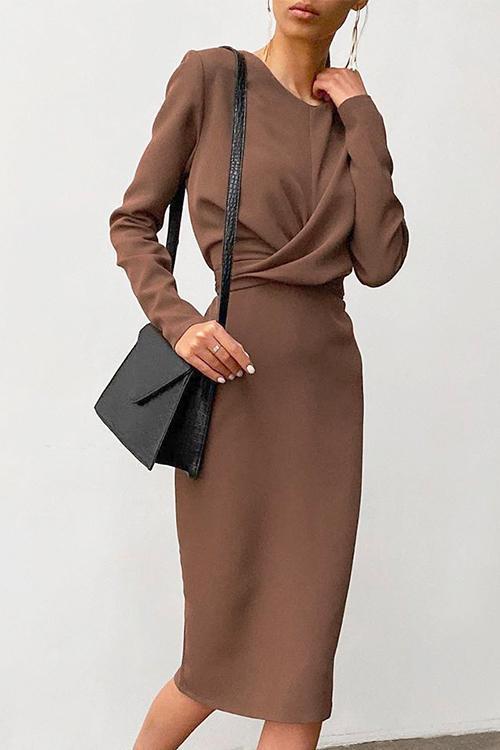 Solid Front Cross Slit Back Ruched Midi Dress Brown