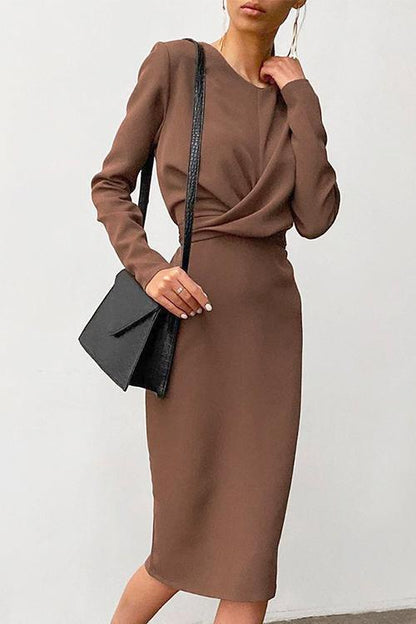 Rosiedress Solid Front Cross Slit Back Ruched Midi Dress Brown