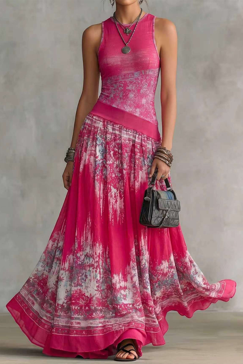 Crewneck Sleeveless Printed Flowy Maxi Dress