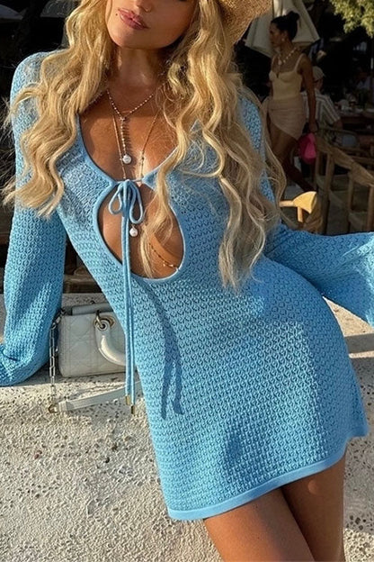 V Neck Cut Out Crochet Lace Cover Up Mini Dress