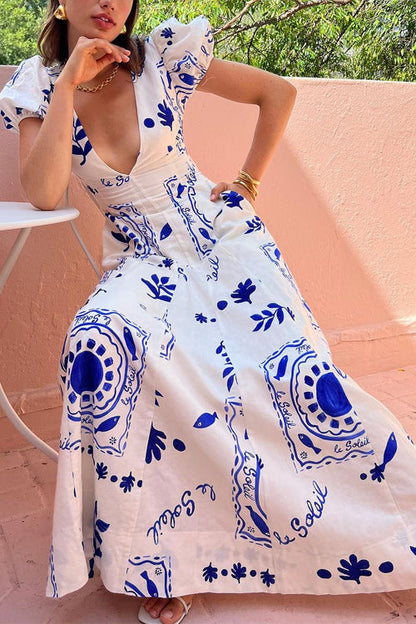 Deep V Neck Puff Sleeves Printed Swing Maxi Dress