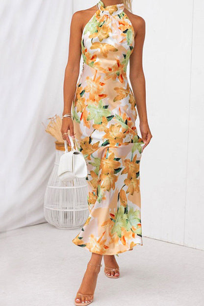 Rosiedress Tie Neck Backless Floral Printed Maxi Flowy Dress