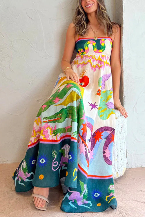 Rosiedress High Waist Cartoon Printed Swing Maxi Cami Dress