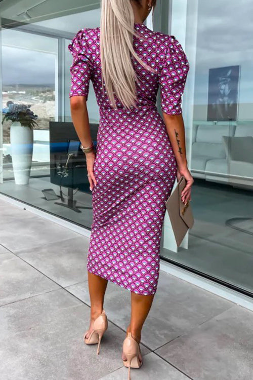 Rosiedress Wrap V Neck Puff Sleeves Printed Midi Bodycon Dress