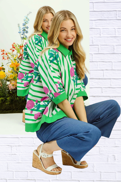 Umgee Mix Floral Stripe Button Down Top