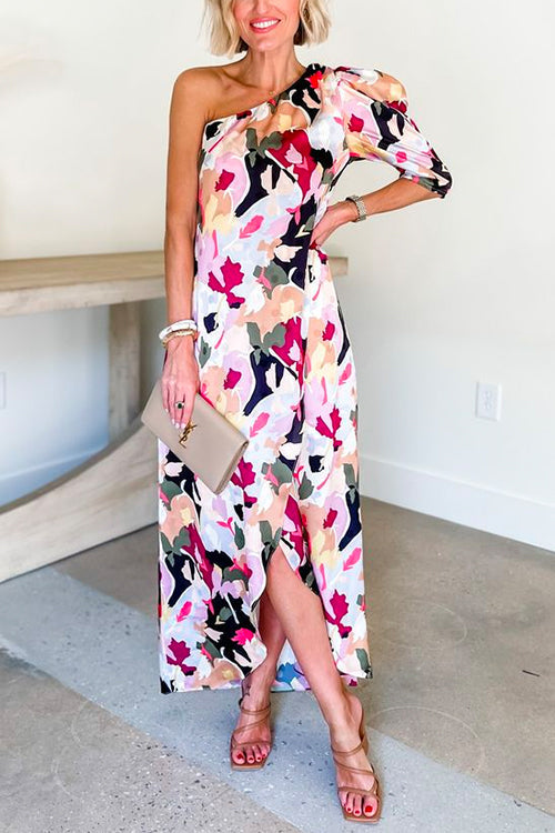 One Shoulder Bubble Sleeve Printed Wrap Maxi Dress Printed