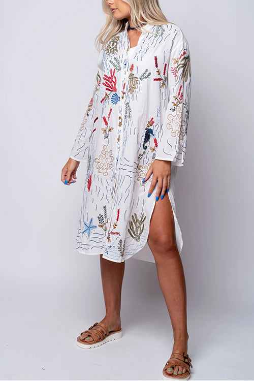 Rosiedress V Neck Long Sleeves Side Split Embroidery Shirt Dress