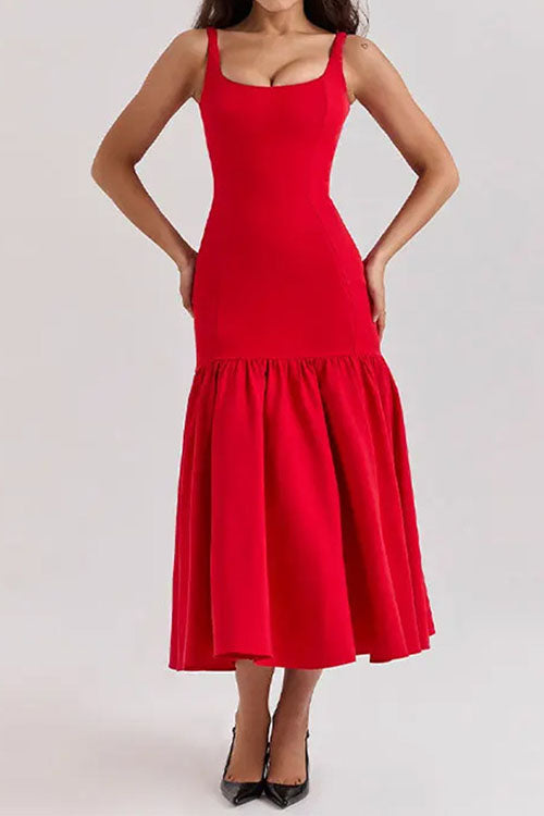 Rosiedress U Neck Sleeveless Ruffle Bodycon Midi Dress Red