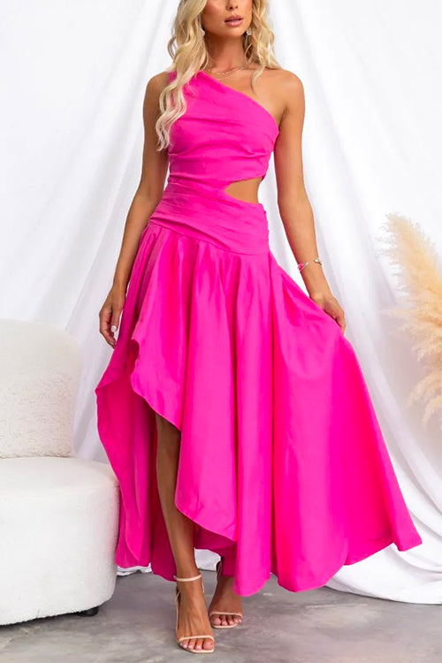 One Shoulder Cut Out High Low Hem Maxi Swing Dress HotPink