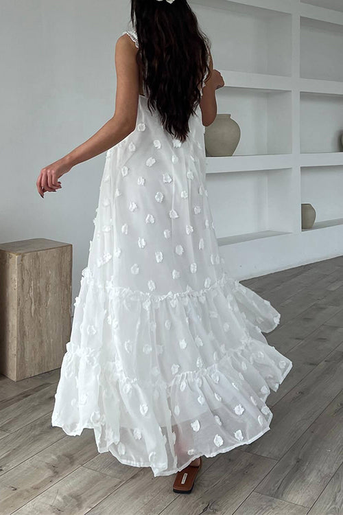 Floral Appliques Ruffle Trirm Swimg Maxi Cami Dress White