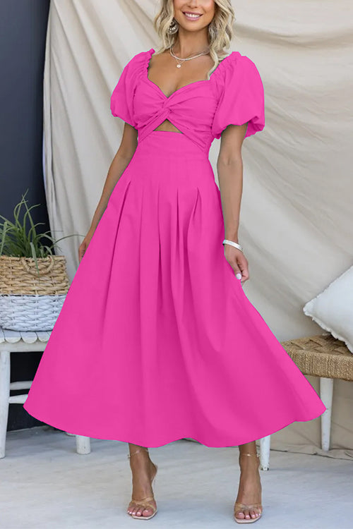 Twist Front Puff Sleeves High Waist Swing Maxi Dress HotPink