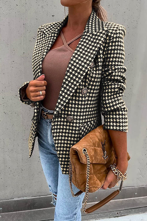 Claasic Double Breasted Slim Fit Houndstooth Blazer Black