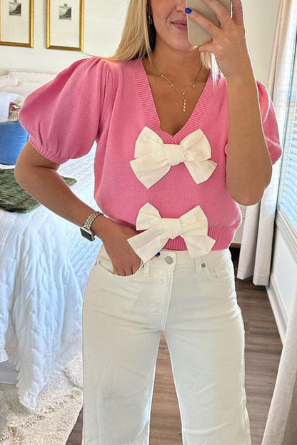 Rosiedress V Neck Short Sleeves Bow Knot Knit Top