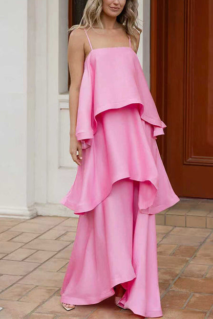 Spaghetti Strap Ruffle Layered Satin Maxi Dress