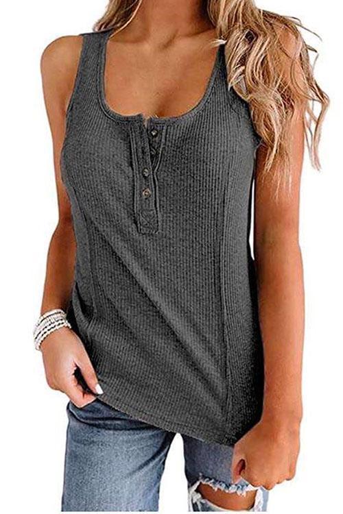 Rosiedress Buttons Sleeveless Stretchy Top Gray