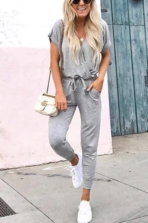 Rosiedress V Neck Tie Waist Drawstring Joggers Jumpsuit