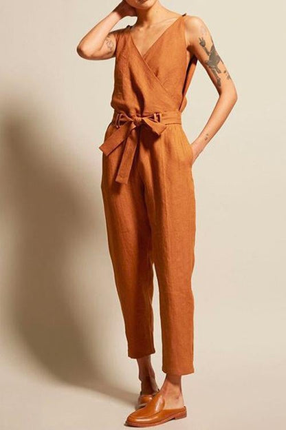 Rosiedress Josh V Neck Bow Knot Sleeveless Jumpsuit Caramel