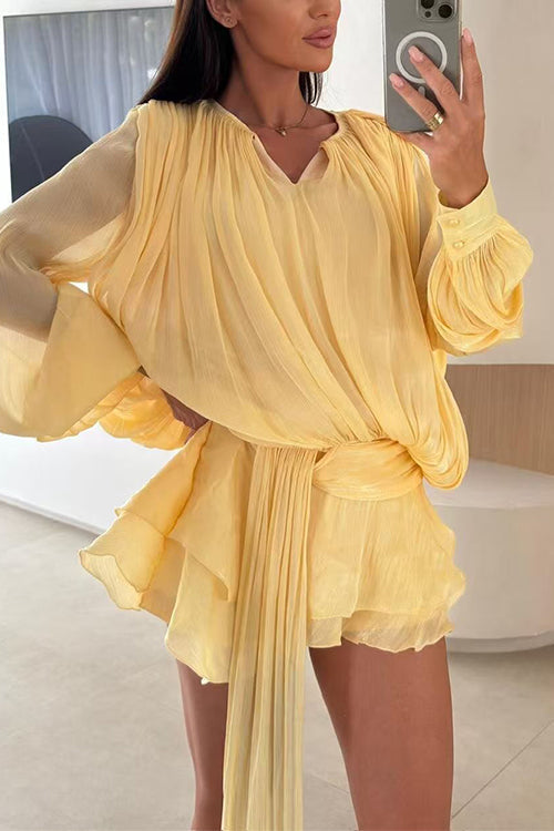 Lantern Long Sleeves Draped Ruffle Layered Mini Dress with Shorts