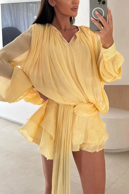 Lantern Long Sleeves Draped Ruffle Layered Mini Dress with Shorts