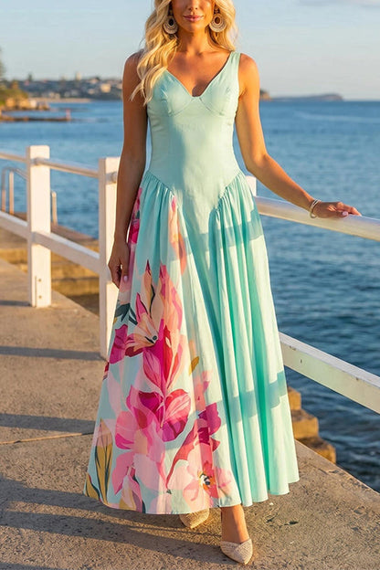 V Neck Sleeveless Basque Waist Floral Print Maxi Dress