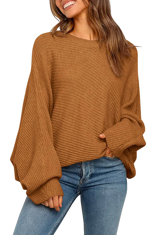 Batwing Long Sleeves Ribbed Knit Tunic Sweater Camel